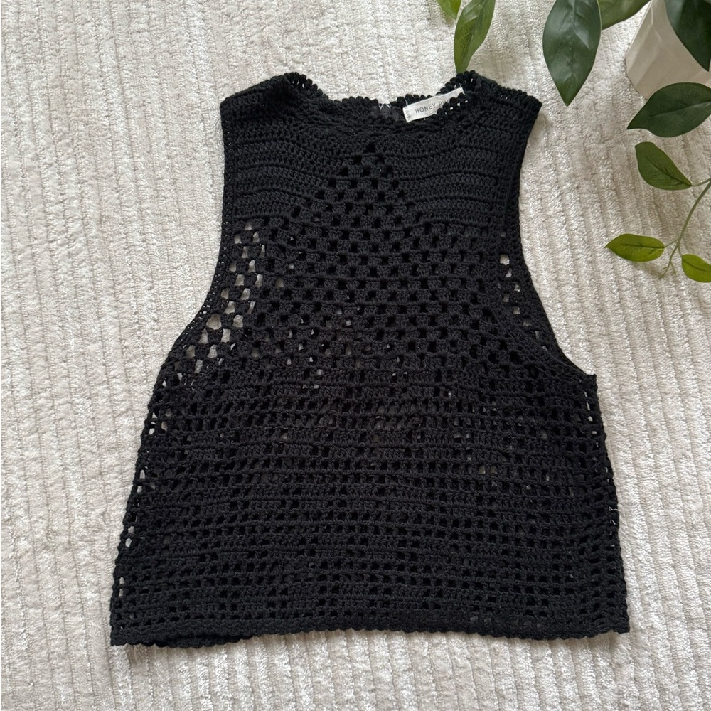 Honey Punch, Soft Crochet Boho Crop Top in Black size M